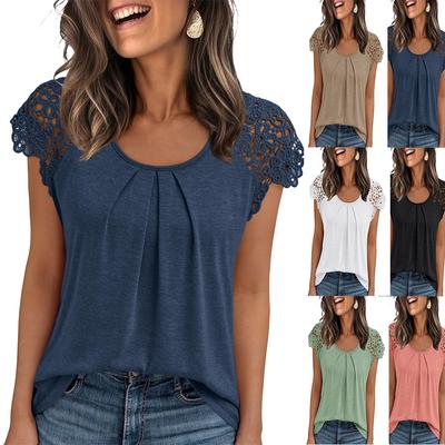 Summer Women's Clothing Lace Sleeve Hollow Short Sleeve Round Neck Loose Women's T-shirt