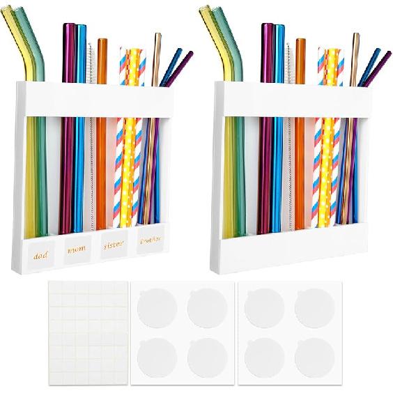 2 Pack Large Acrylic Straw Holder,Straw Rack with Double Sided Tape Organizer,Reusable Straws for Counter Cabinet Cupboard Kitchen (Clear)