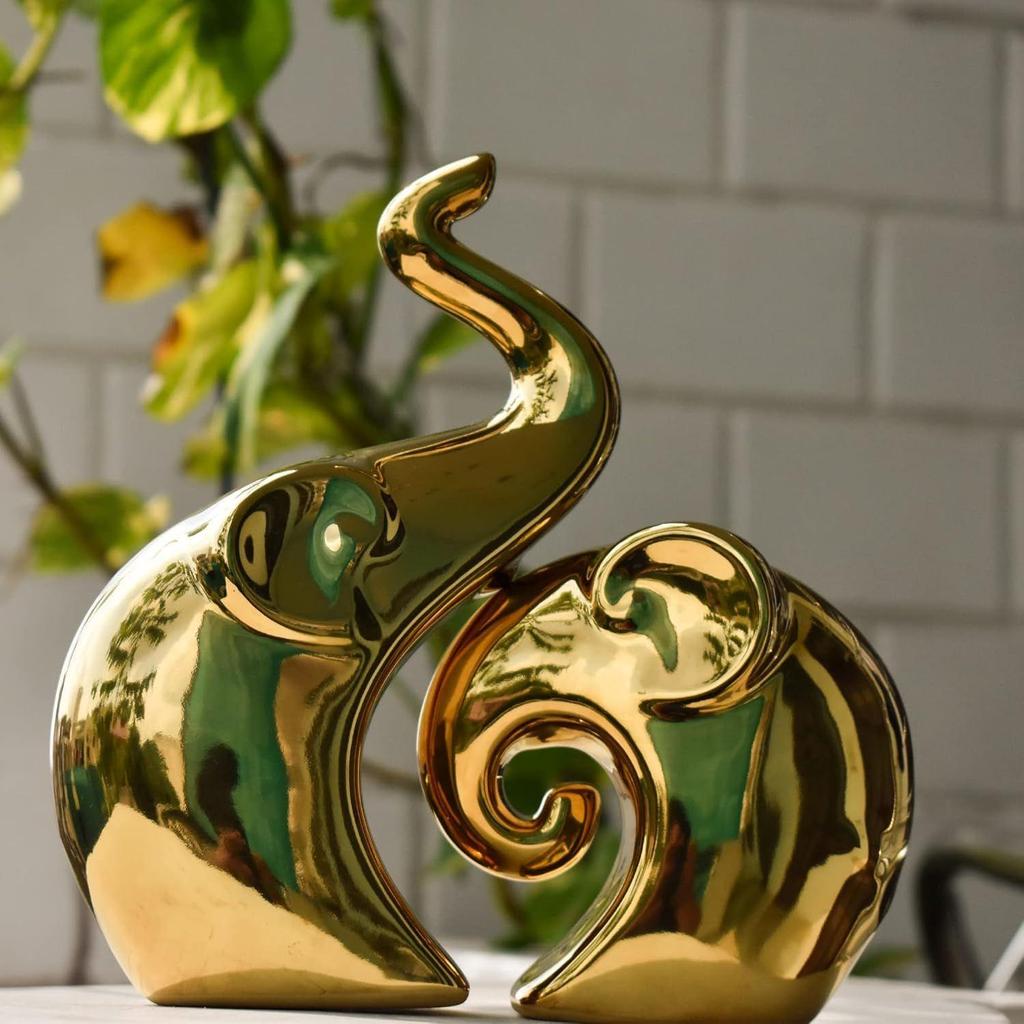 Home Decor Elephant Set | Ceramic Figurines - (Set of 2 Piece, Golden)