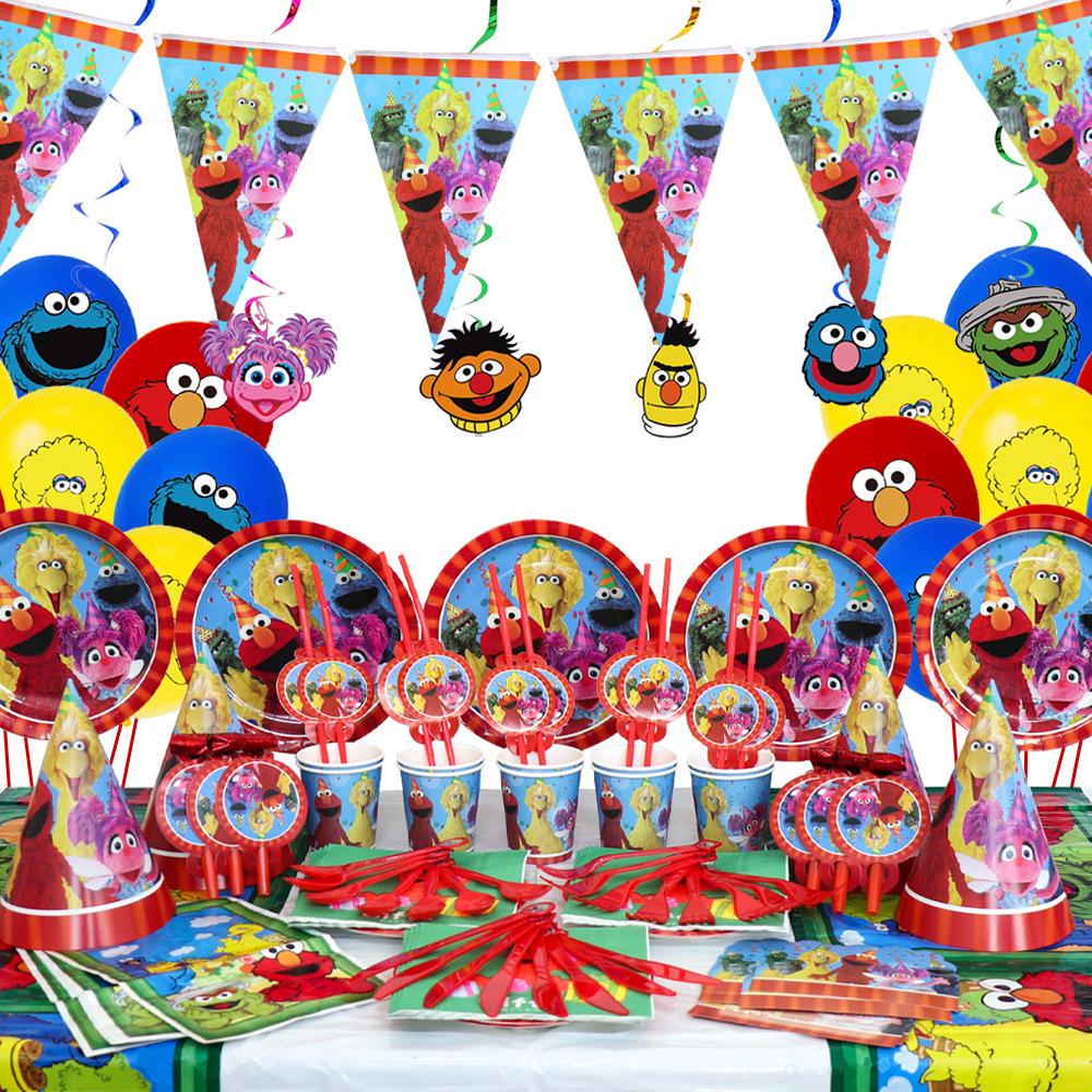 Sesame Street Birthday Party Tableware Set: Disposable Plates, Cups, and Cute Balloons for Kids' Celebrations.