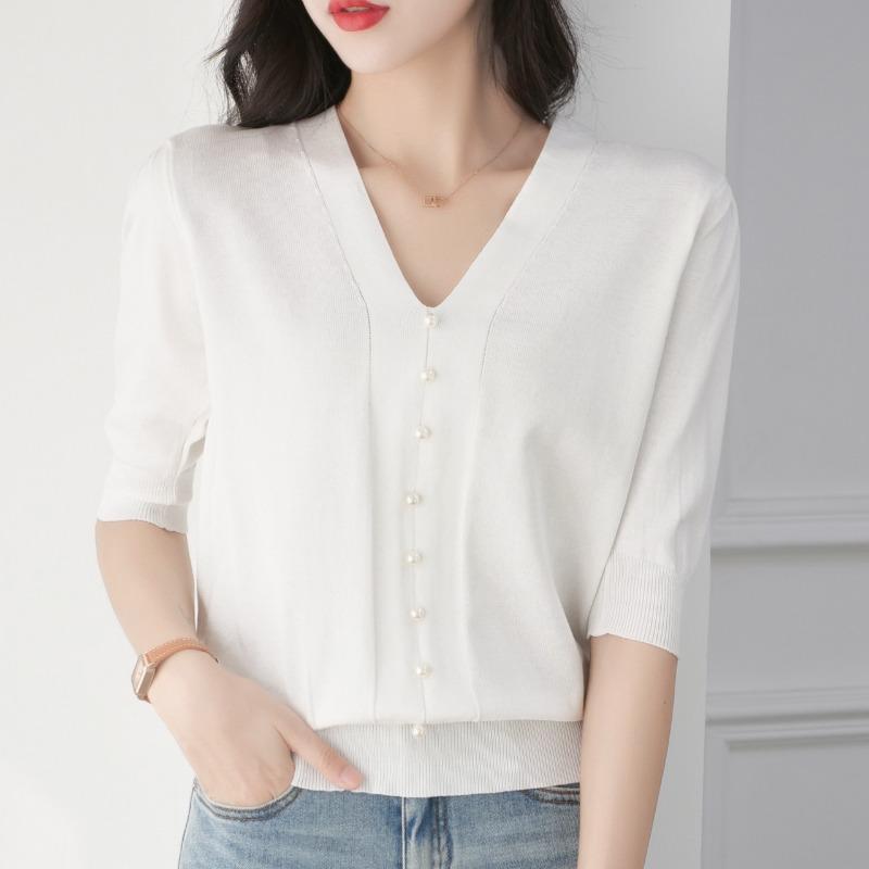 Women's Fashion Casual Solid Color Print Short Sleeve V-Neck Blouses & Shirts