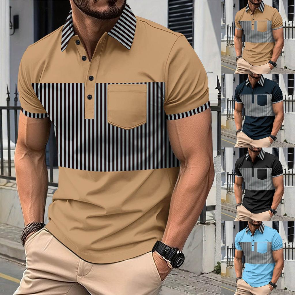 Men's Casual Shirt Pocket Button Long Placket Lapel Striped Color Combination T-shirt