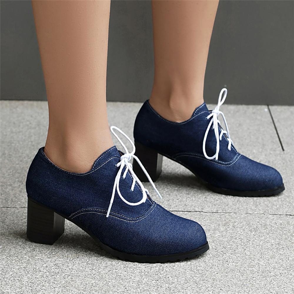 Móda Vintage Denim Dámské Šněrovací Lodičky Čtvercový Podpatek Kulatá Špička Vysoké Podpatky Britský Styl Oxfordky Podzim Nízký Svršek Studentské Boty Modré Kozačky