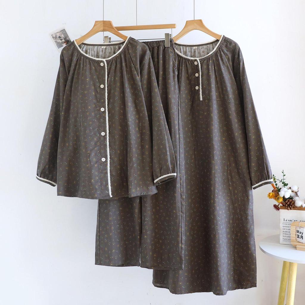 Women's Forest Floral Cotton Pajama Set - Long-Sleeve Gauze Cardigan, Sweet & Loose Nightgown for Spring & Autumn.