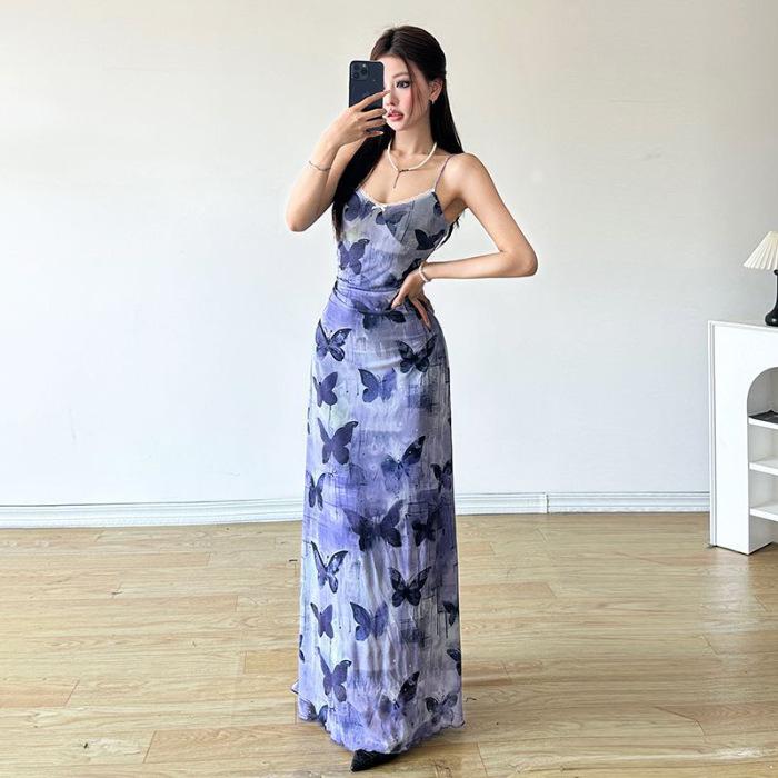 

Coffee break French butterfly floral suspender dress children s summer new seaside vacation high-end long dress XL фіолетовий