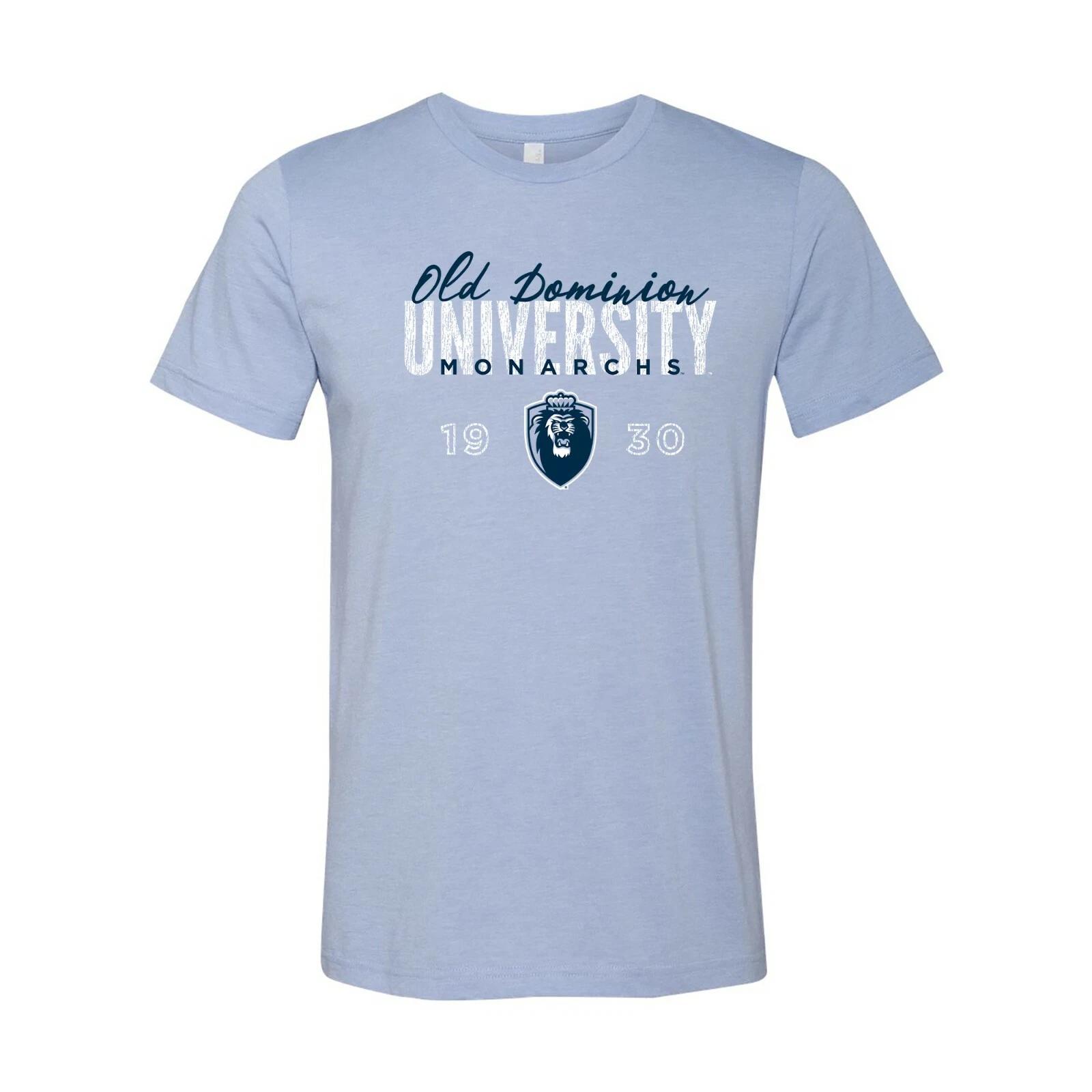 Old Dominion Monarchs Dist Block Script Logo T-Shirt - Heather Blue L