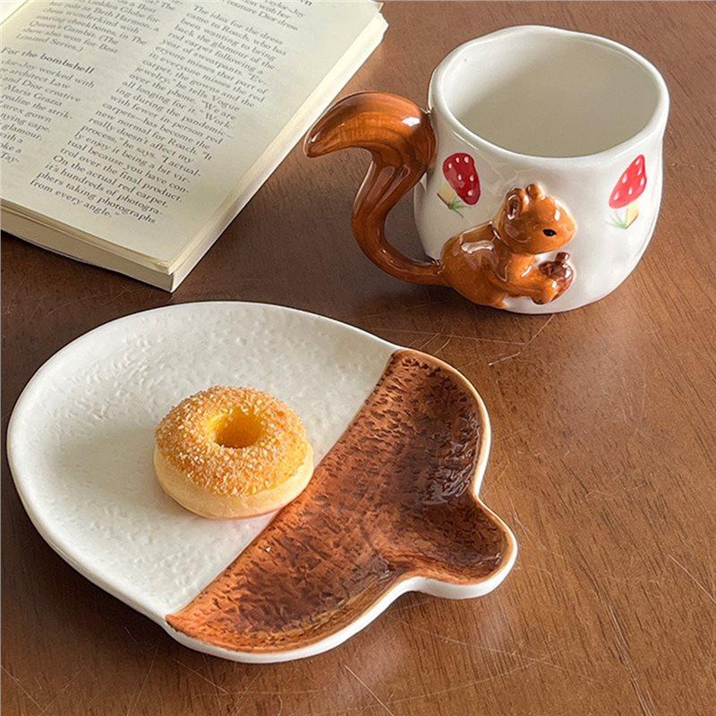 ABBY-Coffee Mug& Porcelain Cup Lovely Squirrel Relief Design Flower Mugs Afternoon Tea Teacup Fruits Juice Cup Sauce B