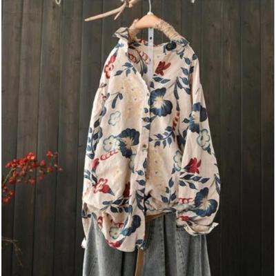 Spring and Summer New Style Retro Printed Lapel Cotton and Linen Shirt Women's Simple Long-sleeved Shirt