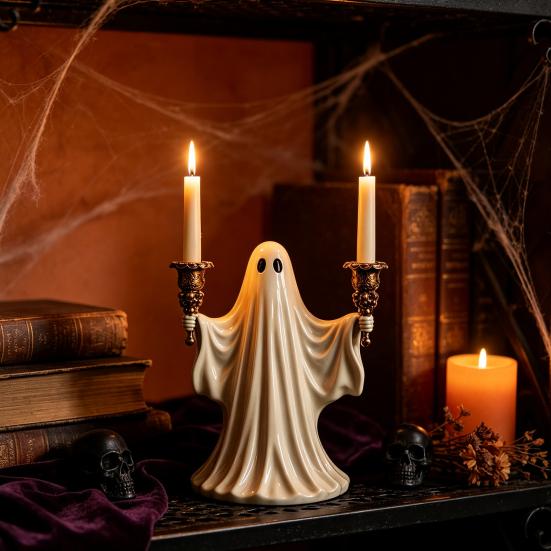 Cute Ghost Figurine Candle Holder for Halloween, Resin Tealight Candlestick, Taper Halloween Decoration Home Table Decor & Spooky Atmosphere Accessory