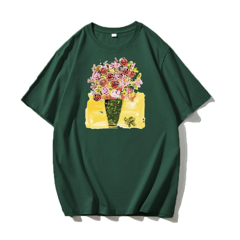 Shellsuning Tričko s potiskem krásných květin pro ženy Letní móda s výstřihem do O Umělecká trička nadměrné velikosti Dámská 100% bavlna Základní měkké topy Harajuku