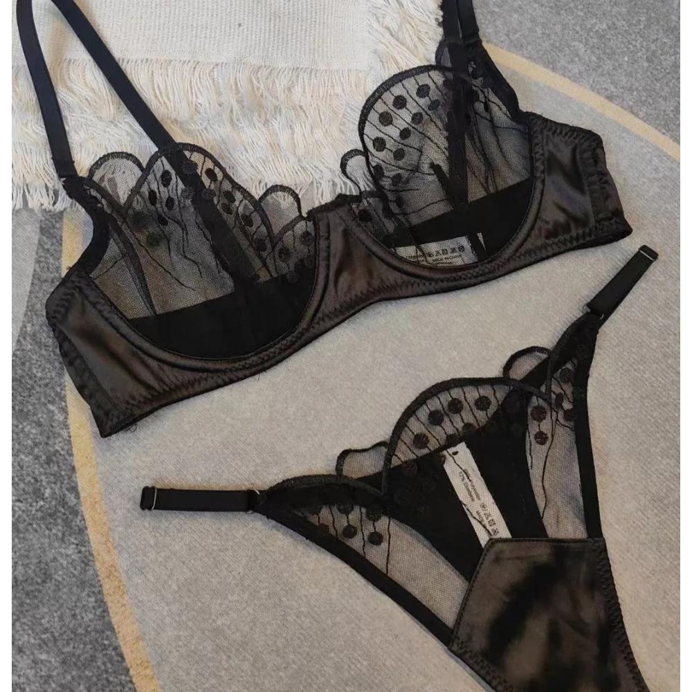 Francúzska ultratenká sieťovaná súprava spodnej bielizne Sexy výšivka Podprsenka Dámska kostica Spodná bielizeň Čipkovaná Priedušná Podprsenka a G-string Súpravy