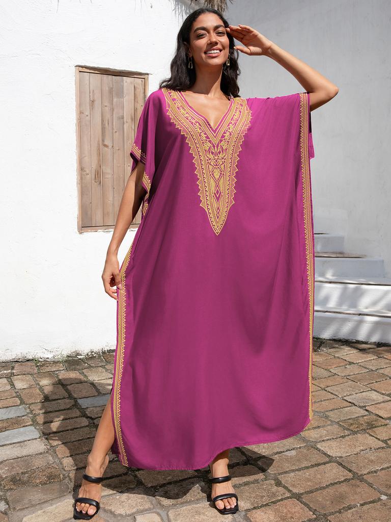 EDOLYNSA Sexy V-Ausschnitt Goldbesticktes Langes Strandkleid, Damen Retro Kaftan Locker Strandbekleidung Urlaub Badeanzug Bikini Cover-up