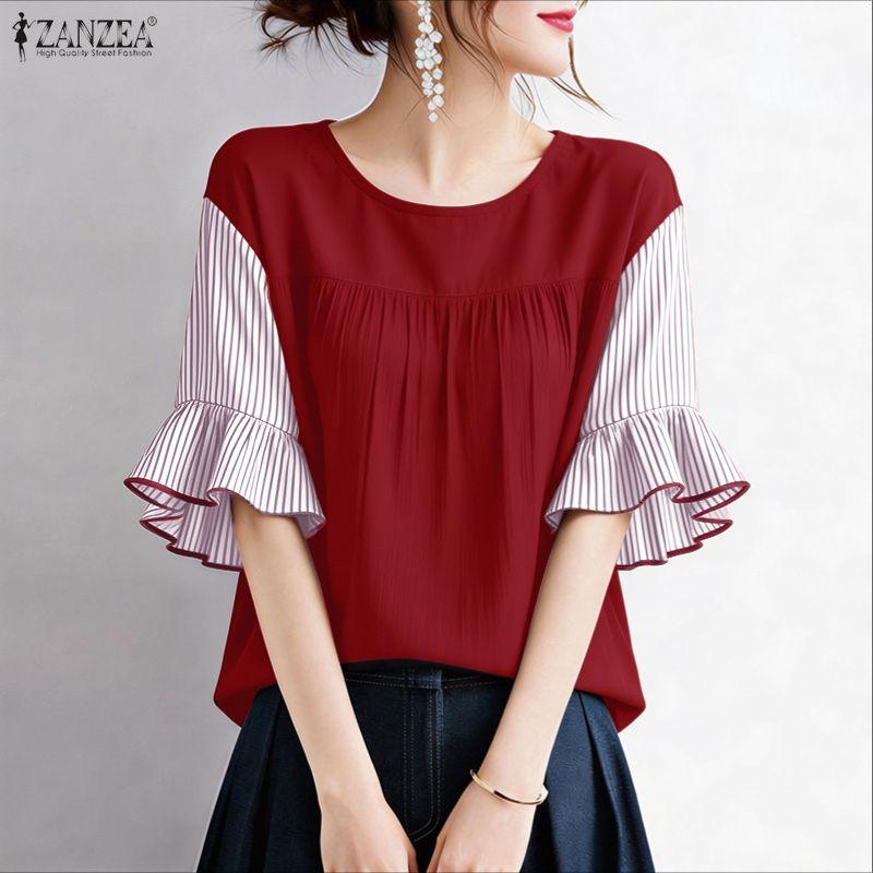 ZANZEA Women Casual Round Neck Stripe Splice Half Sleeve Blouse
