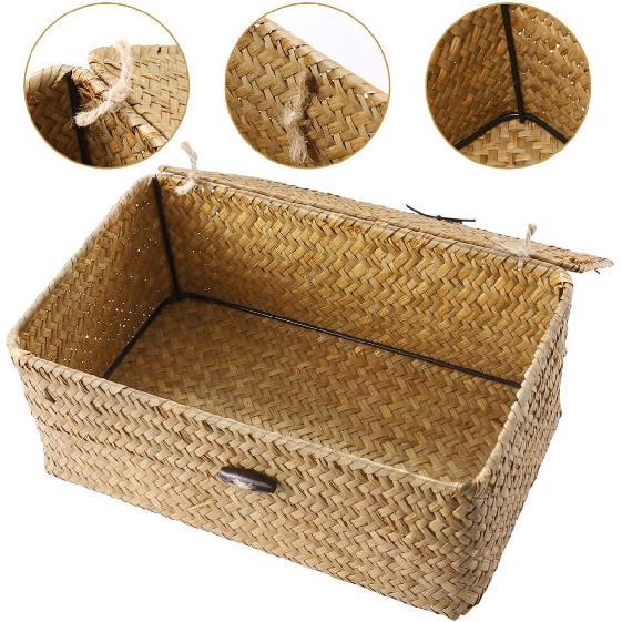 IMIKEYA Woven Storage Box Wicker Storage Bins with Lid Seagrass Basket Desktop Hand- Woven Box for Home Office Shelf Organizer