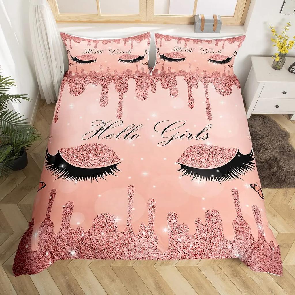 Women Eyelash King Queen Duvet Cover Glitter Galaxy Bedding Set Pink Sequin Ink Fluid Art Quilt Cover Polyester Comforter Cover