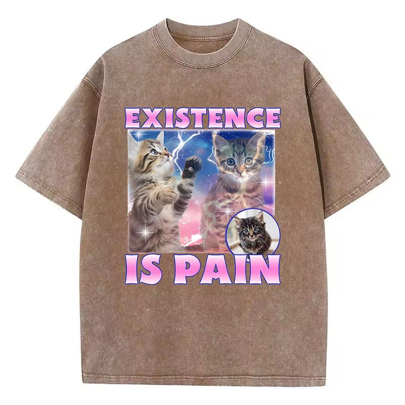 Existența este Durere Pisică Tricou Bumbac Spălat Vintage Tricou Grafic Casual Streetwear pentru Primăvară Vară Toamnă