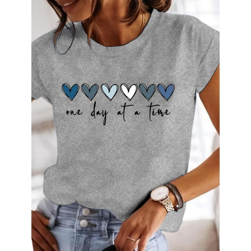 Women'S Casual Graphic T-Shirt - It'S One Day at a Time Heart Print, Short Sleeve Round Neck Top for Spring & Summer