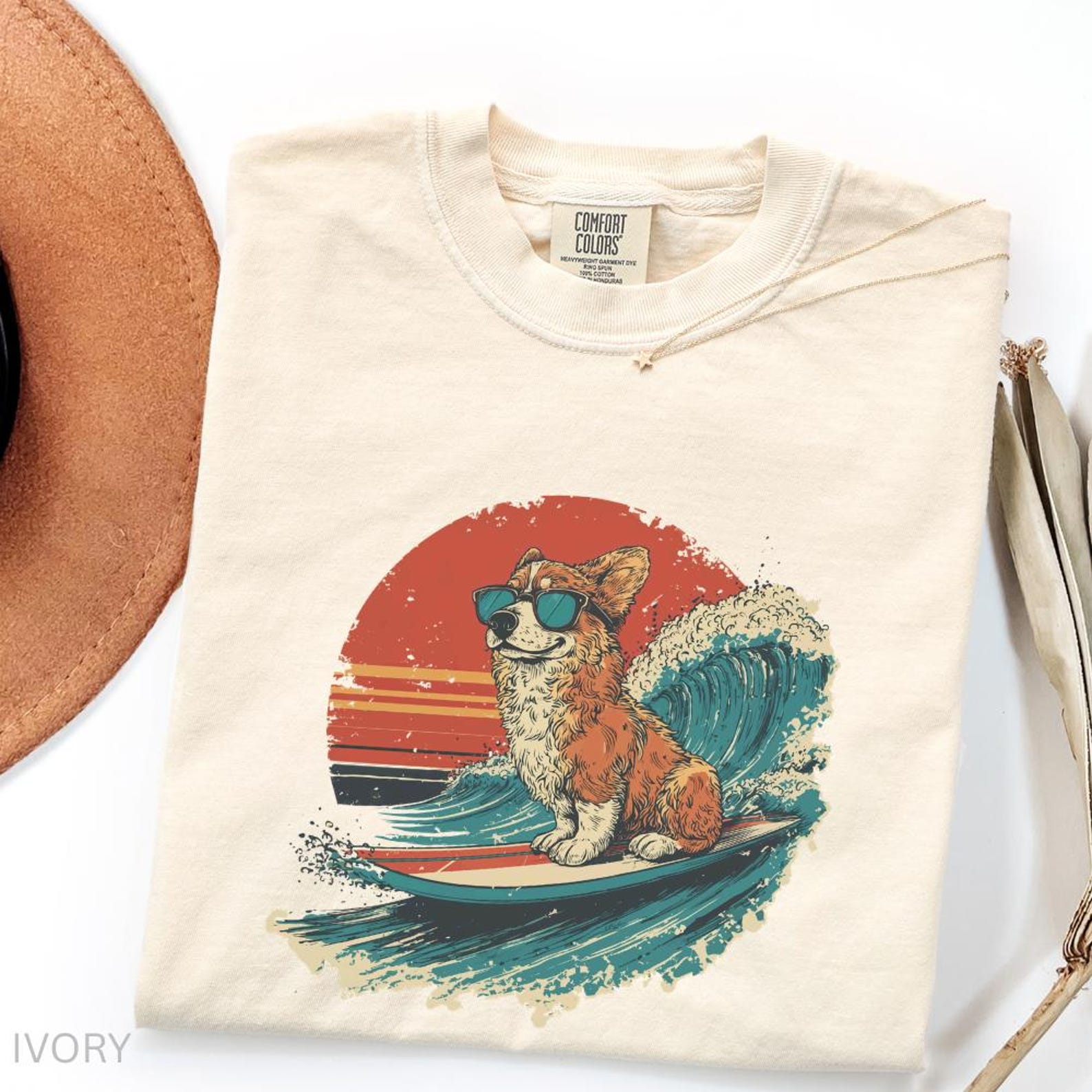 Corgi Summer Surfing Corgi T-Shirt | Retro Sunset Summer Vibes Graphic Tee 3XL