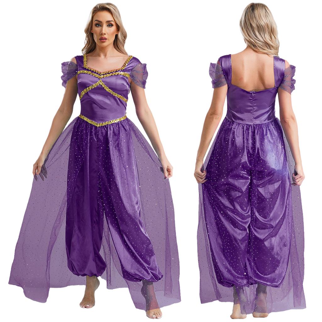 Womens Shiny Sequins Belly Dance Jumpsuit Halloween Arabic Arabian Princess Cosplay Party Costume Tulle Overlay Romper Bodysuit