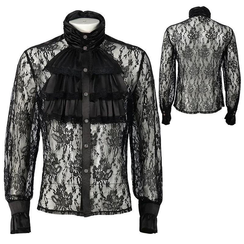 Halloween Tops Hip Hop Shirts Dress Up Tops Lace Clothing Medieval Men Lace Shirt With Jabot Victorian Shirt New Men Gothic S чёрный