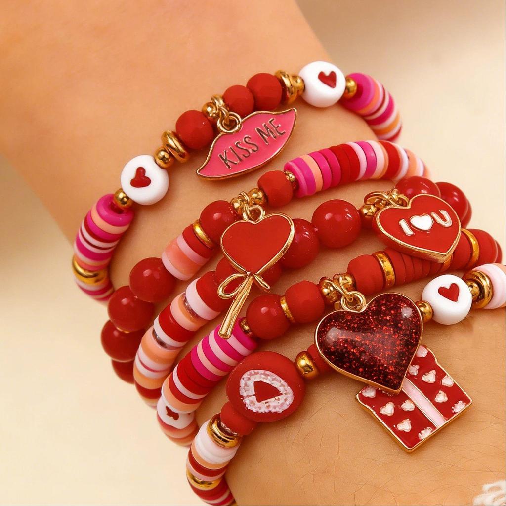 Valentine's Day Heart Beaded Bracelet Set: Women's Fashion Jewelry with Polymer Clay, Peach Heart, and Red Tones Elastic Design