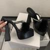 Sexy Slippers Women Rhinestone Fluffy Feather Sandals Platform Chunky High Heels Party Nightclub Ladies Mules Shoes