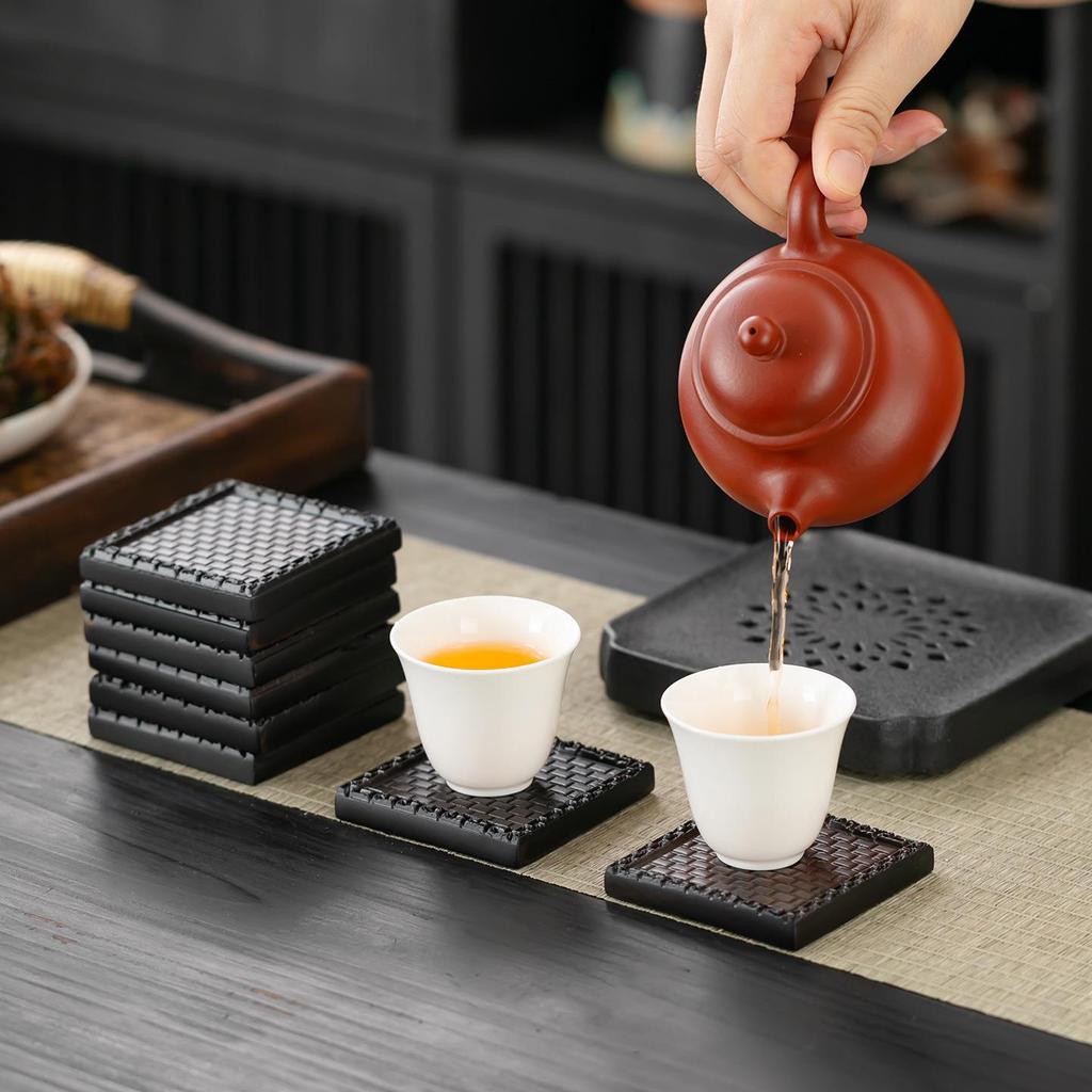 Ebony Wood Carved Non-Slip Tea Coaster Set - Retro Anti-Scald Pad for Tea Ceremony