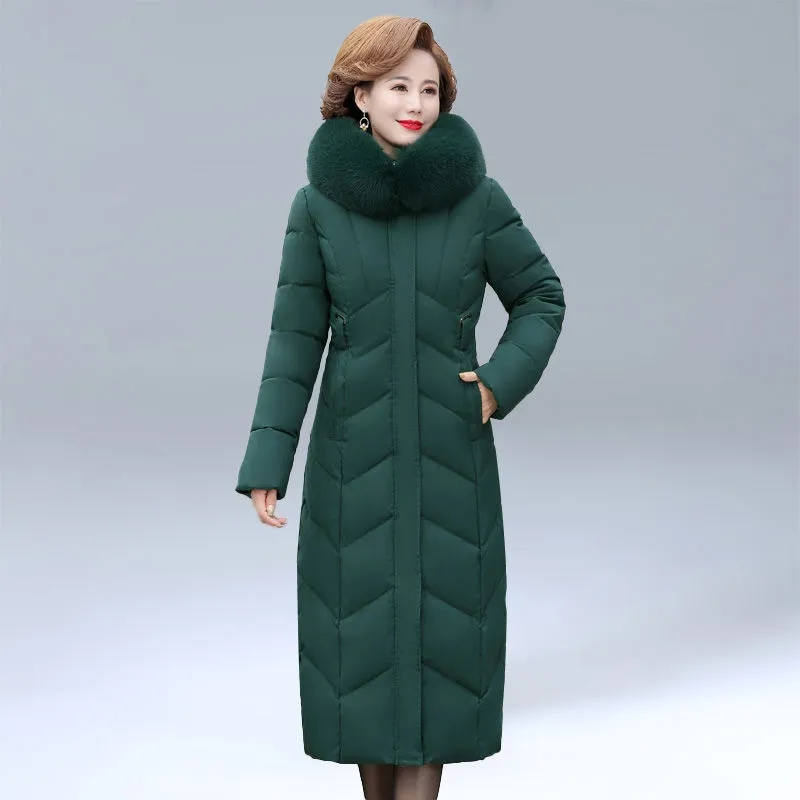 Women Winter Hooded Fur Collar Warm Jacket Clothing Middle-Aged Mother Mid-Long Thicken Warm Female Parkas