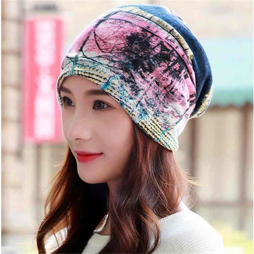 Women Hat Polyester Adult Casual Floral Hats Spring Autumn Two Used Female Cap Scarf 3 Colors
