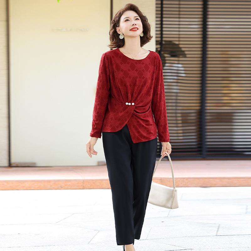 

Elegant Spring Suit: Stylish Mid-to-Old Age Women s Long-Sleeved Blouse Two-Piece Set 2XL