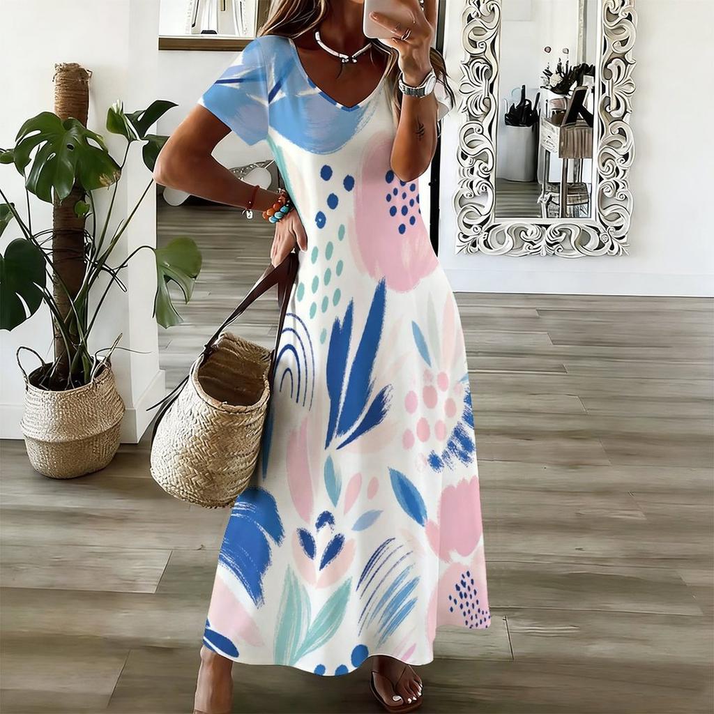 Women Plus Size V Neck Short Sleeve Blue Gray Printed Straight Maxi Dress