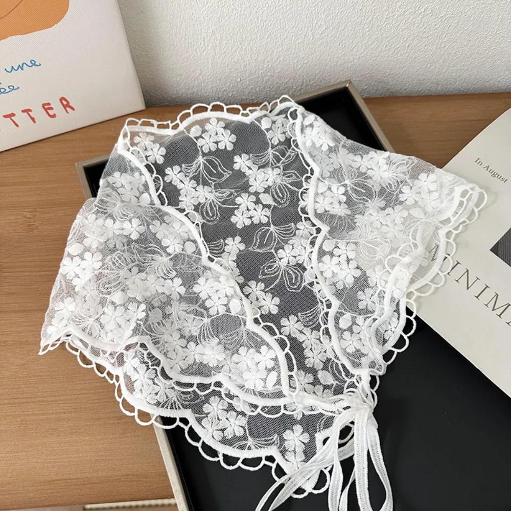 White Woven Floral Lace Hair Scarf Wraps Women Retro Breathable Retro Lace Hair Accessories Sweet Print Hair Bandana