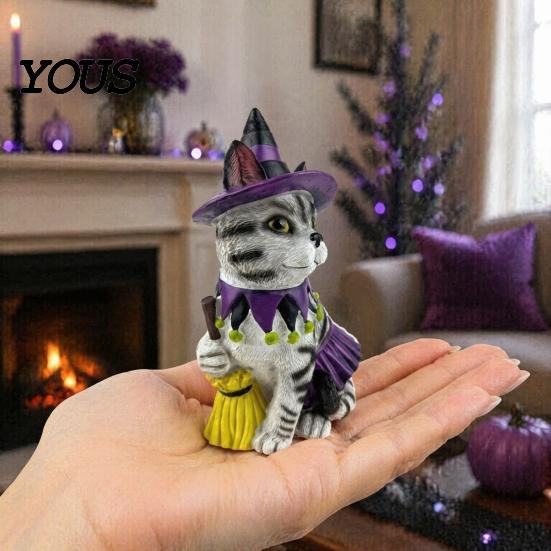 Halloween Atmosphere Table Centerpiece Ornament, Witch Black Cat Pumpkin Shape, Durable Synthetic Resin Unique Holiday Gift for Kids Weather Resistant