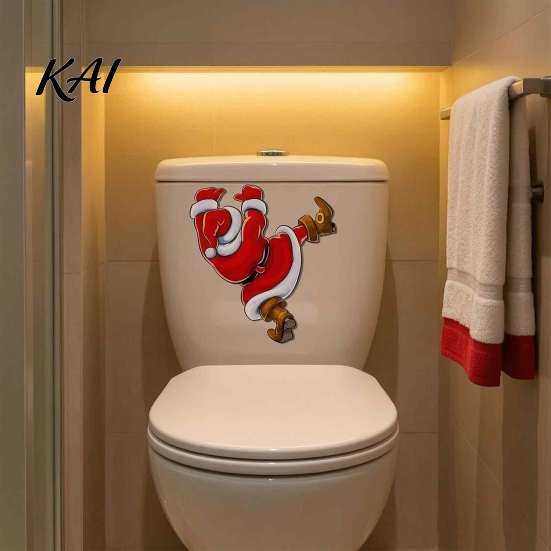 Bathroom Tile Decorations Christmas Toilet Sticker, Funny Santa Claus Seat Decal, Waterproof Creative Clings PVC Holiday Wall Decor for Home