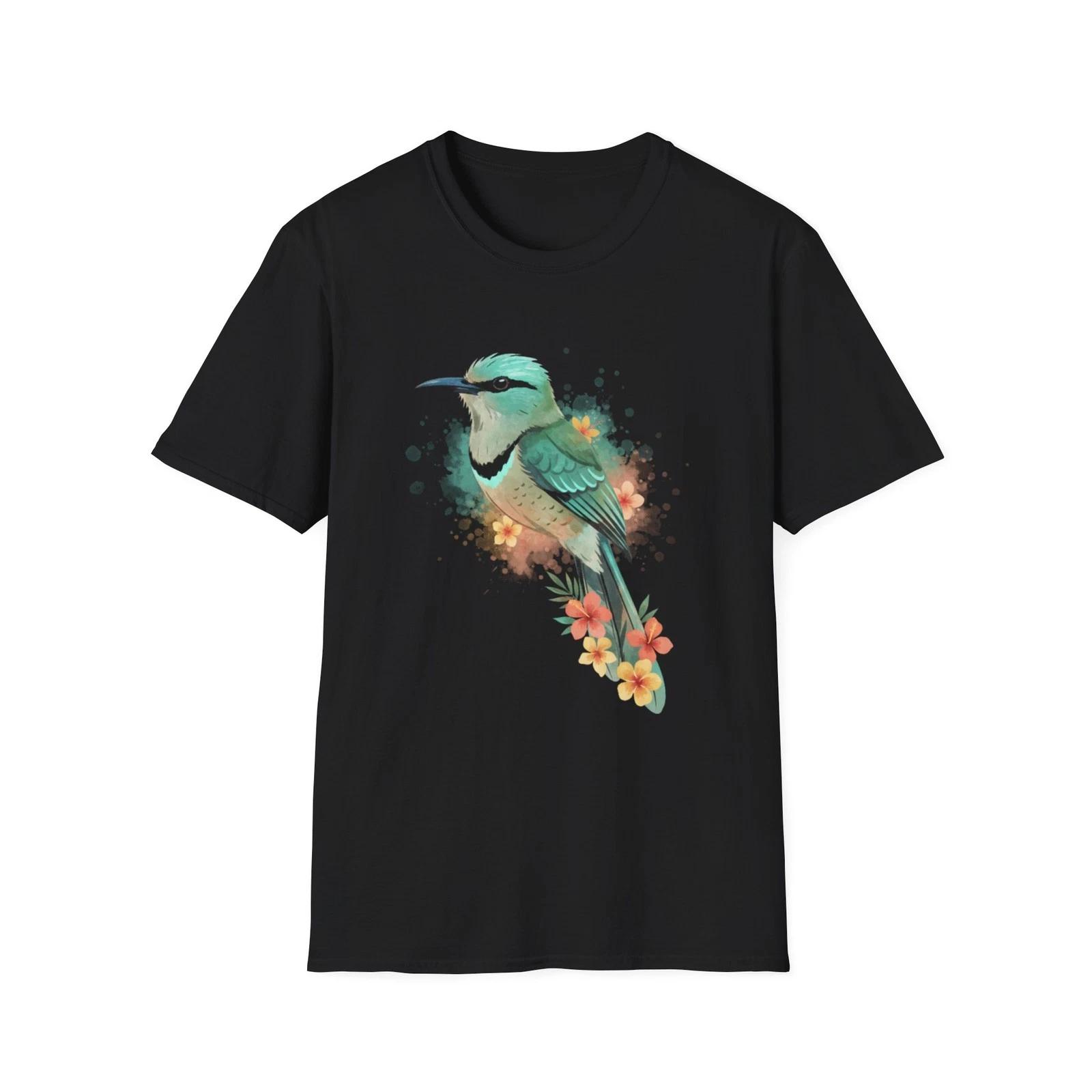 Bird Watercolor Floral Tropical Black Tee Nature Aesthetic T-Shirt S