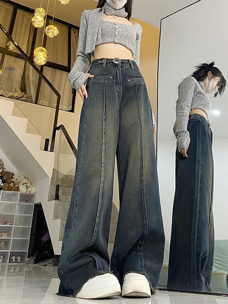 Plus Size Women's High Waist Retro Jeans - Spring/Autumn 2025 Wide Leg & Floor-Length