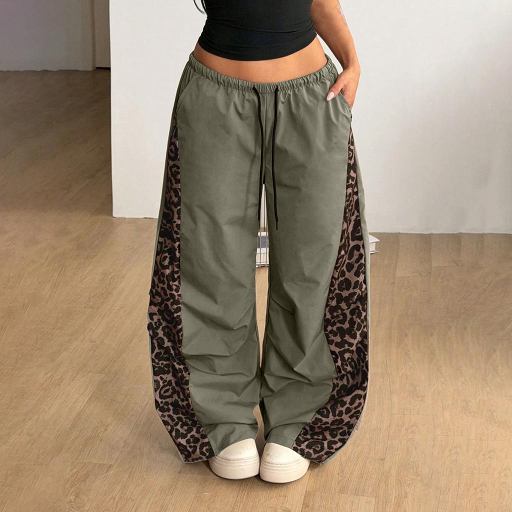 Pantaloni da donna a gamba larga con stampa leopardata, vita elasticizzata e fluidi, per abbigliamento casual