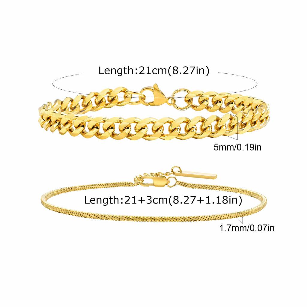 Vnox 2pcs/Set Cuban Figaro Rope Snake Chain Bracelet Set for Men Boys, Gold Black Silver Color Stainless Steel Wristband Jewelry