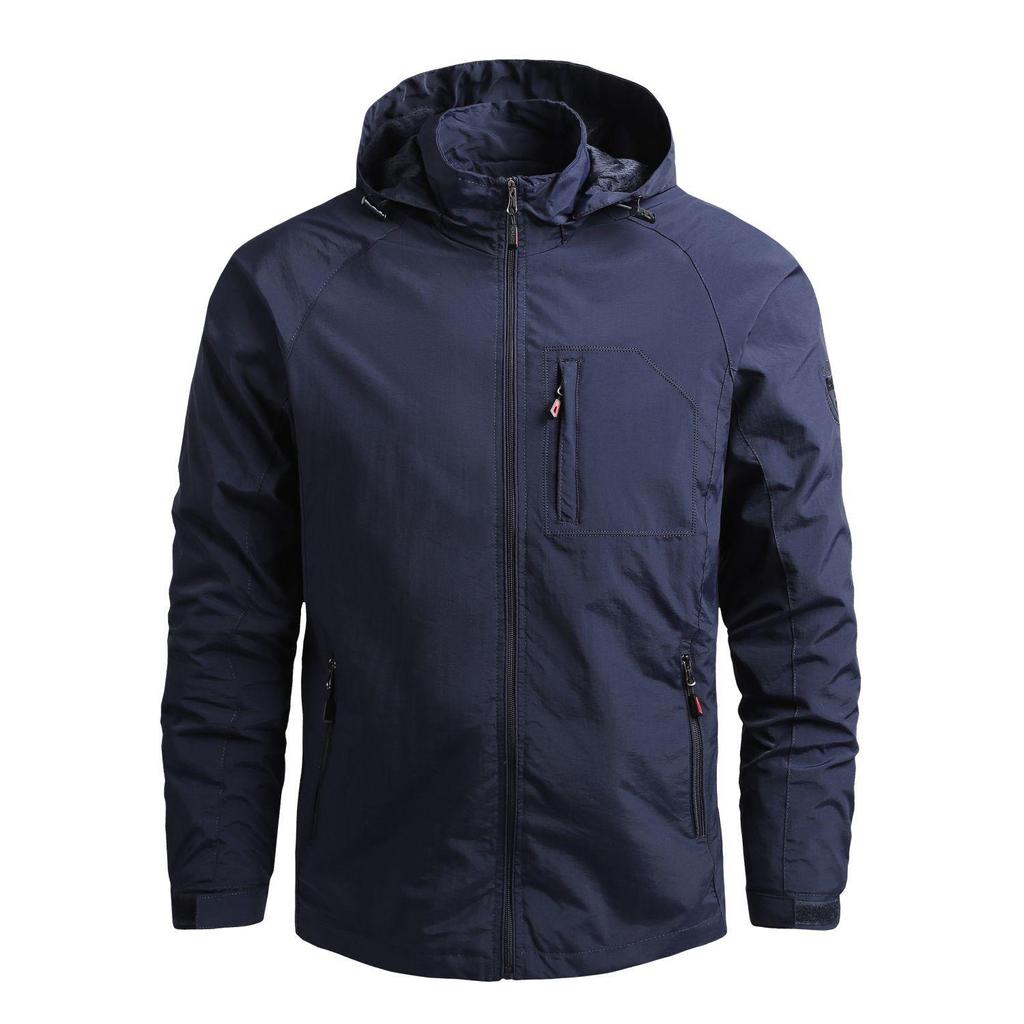 Youth Casual Hooded Jacket: Windproof, Waterproof, Solid Color, Zipper Pockets, Stand Collar, Perfect for Spring & Autumn Outdoors