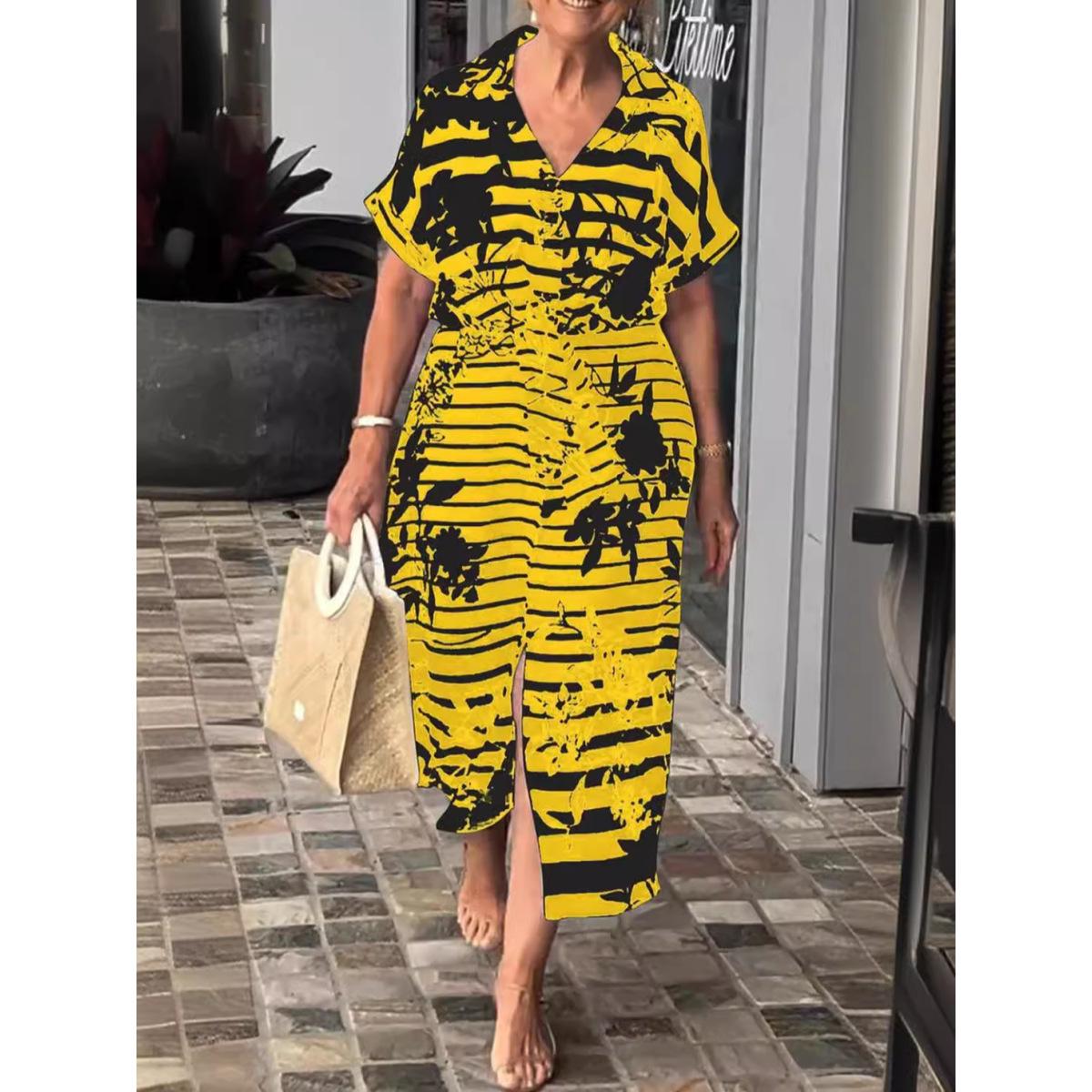 

Women s Summer Short-sleeved V-neck Belted Hem Slit Plant Print Long Casual Dress Clothes Sale 5XL жовтий