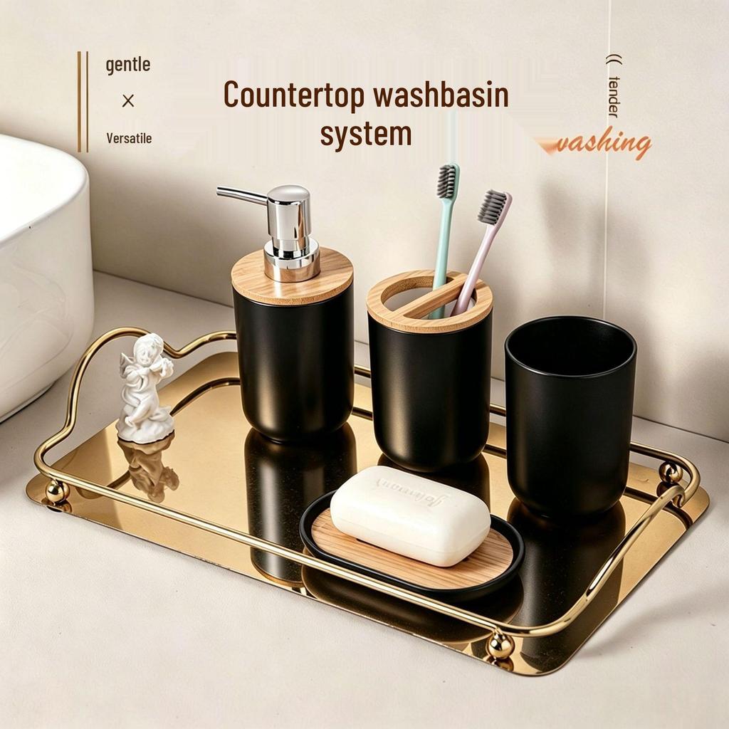 Six-Piece Bathroom Set: Washbasin, Trash Can, Soap Dish, Cleaning Tools.