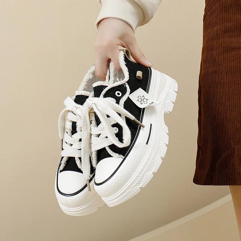 

Fashion 2024 Autumn New Women s Canvas Shoes Thick Soles Fringed Denim Round Head Casual Shoes Increased Height Sports 40 чёрный
