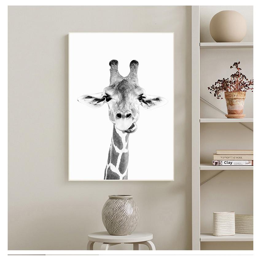 Poster Print Zoo Decor Fun Animal Black and White Photography Painting Picture Nursery Decoration Giraffe Safari Wall Art Canvas