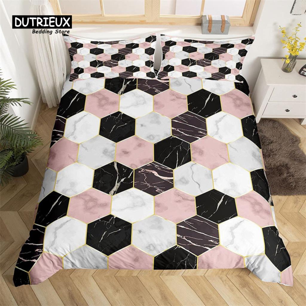 Marble Duvet Cover Set Microfiber Geometric Hexagone Quilt Cover Honeycomb Bedding Set Single King Queen For Kids Teens Adults
