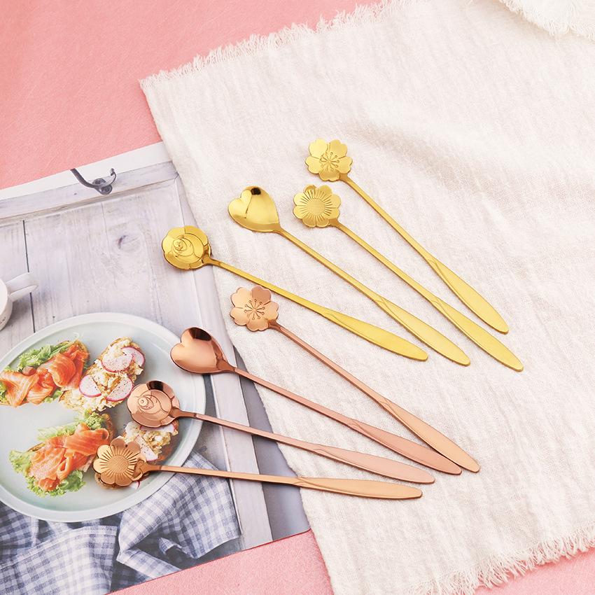 HANYANG Cherry Blossom Spoon Creative Stainless Steel Ice Spoon Long Handle Coffee Mug Stirring Spoon Creative Flower Spoon