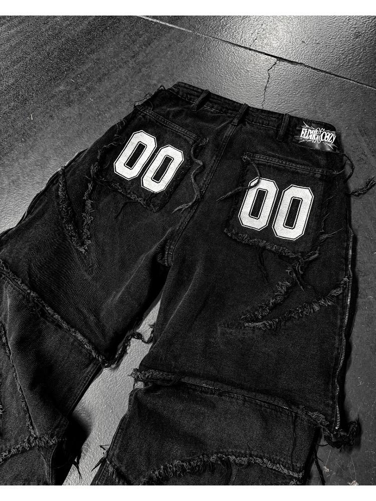 Fashion America Retro Street Zip Up Patchwork Baggy Jeans Men Y2k Stripe Embroidery Splicing Black Denim Pants Hip Hop Jeans