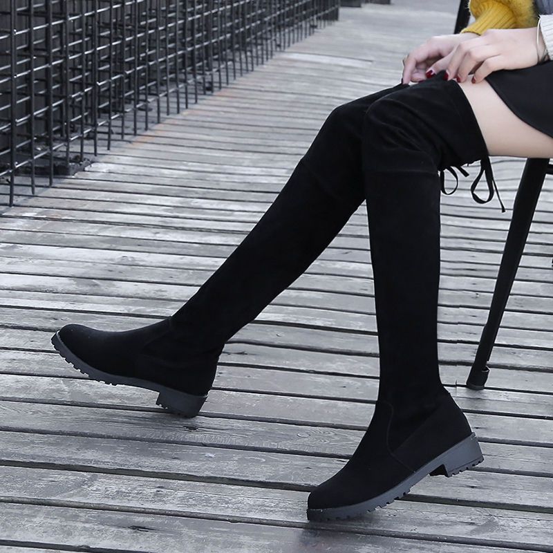 Autumn Winter Black Elegant Middle Heel Thigh High Boots for Women 2025 New Elastic Round Toe Above Over The Knee Shoes Woman