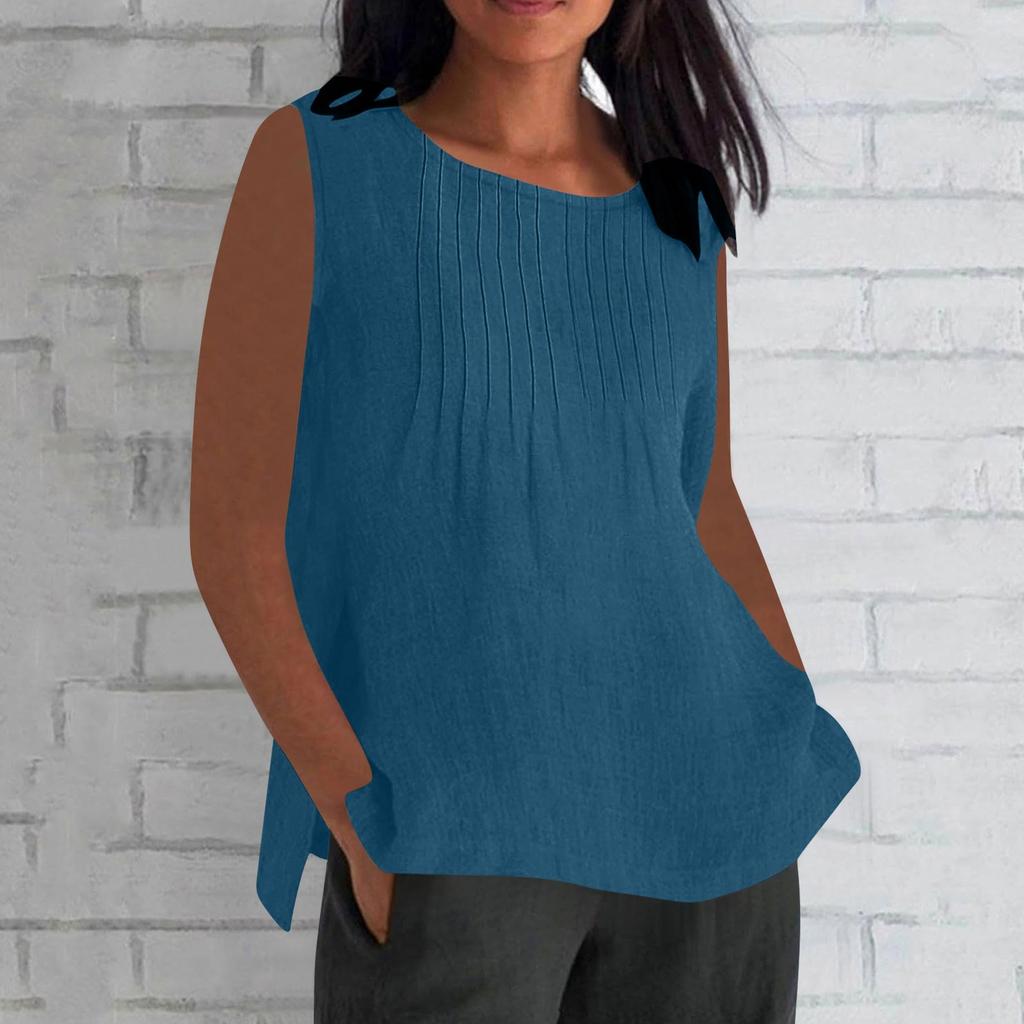 Women's Fashionable And Casual Sleeveless Vest Solid-color Cotton And Linen Pleated Sleeveless Top T-shirt