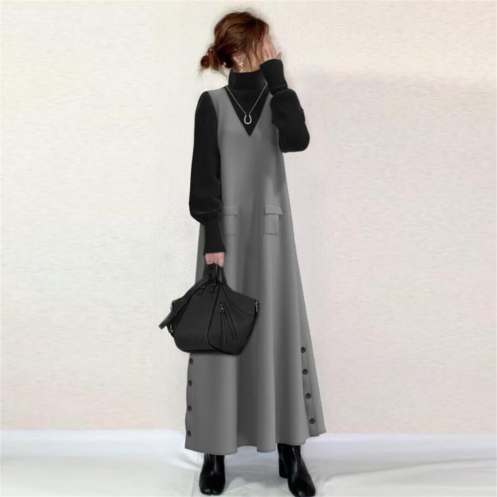 YUANYUAN Docking Long Puff Contrast Back Side Loose Winter Size Women's Dress, Dress, Sleeves, V-Neck, Color-Matching, Stitching, Ribbon, Buttons,