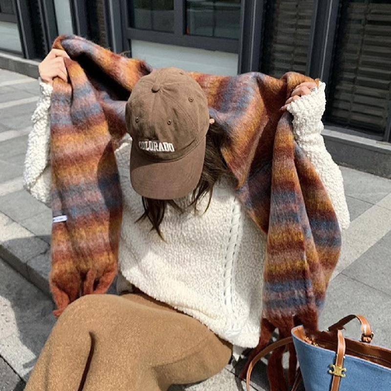 Korean atmosphere Mohair plaid plush scarf Women's autumn and winter warm atmosphere Couple scarf